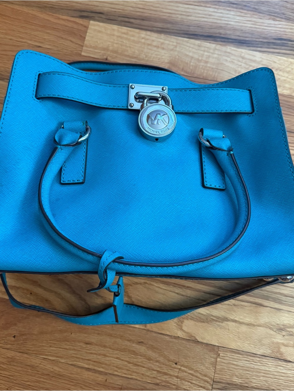 Michael Kors Turquoise Saffiano Satchel with Padlock Charm